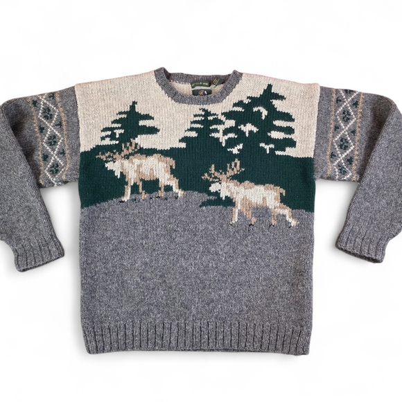 Vintage 90s Y2K Club Room Hand Knit Wool Moose Sweater Men XL Lodge Cabin Nordic